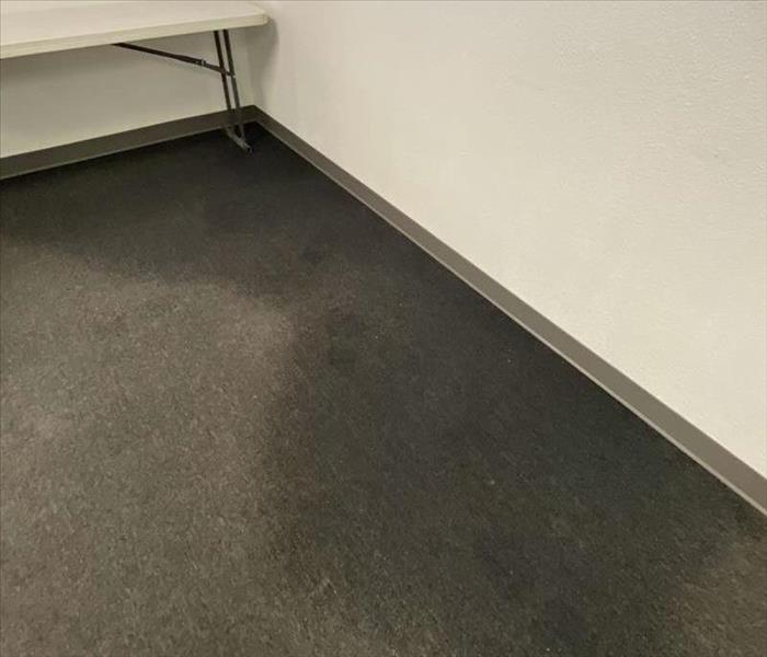 Grey carpet with large water stain in commercial building 